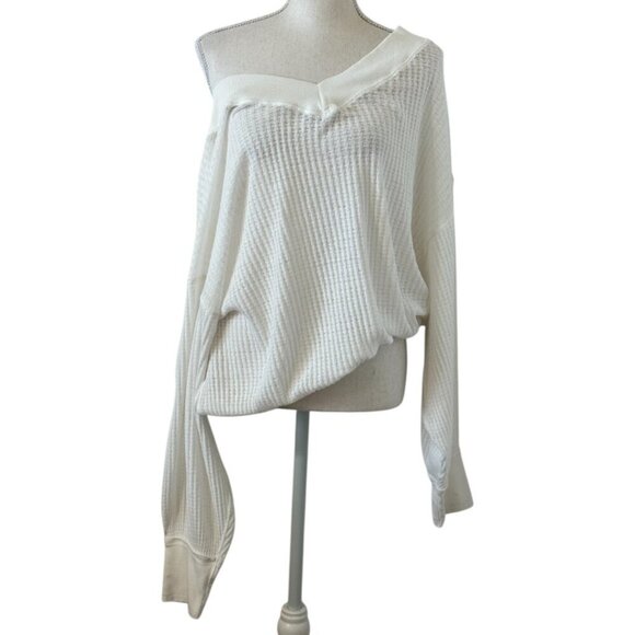 We The Free Waffle Tee Women's Size Large Ivory South Side Tee V-Neck Longline - Picture 10 of 10